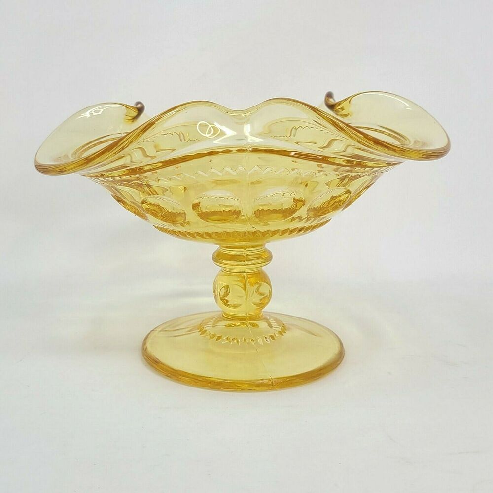 Footed Compote Tiffin Kings Crown Crimped Golden Banana Yellow 4016 Thumbprint